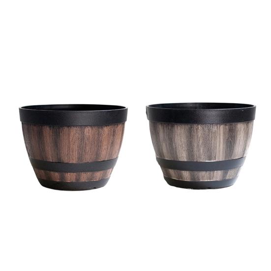 Flowerpot with Built-In Drainage System Rustic Barrel Style Decorative Garden Planter