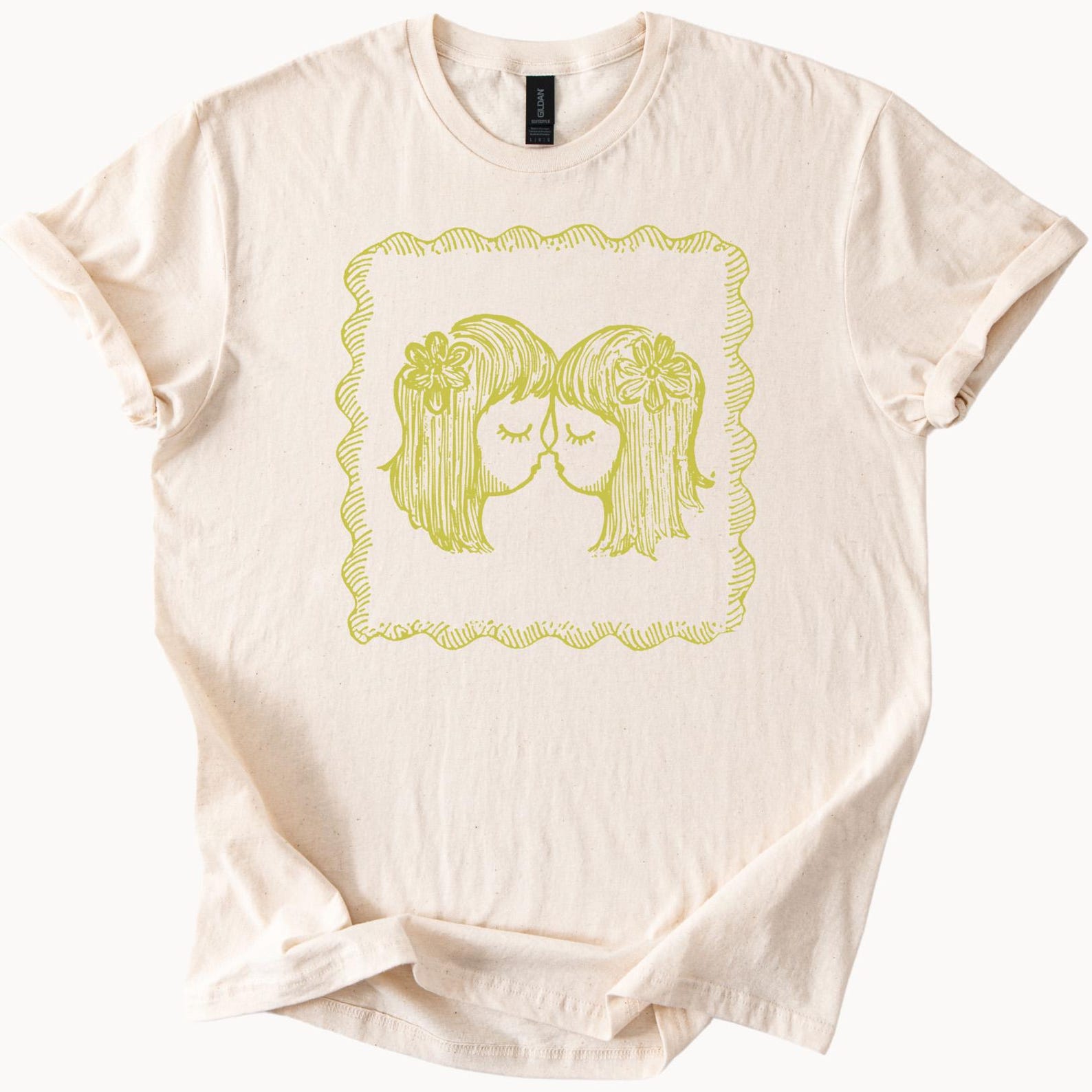 Gemini Twins Zodiac Graphic Tee Two Girls Floral Astrology Shirt Unique Horoscope Art Soft Cream T Shirt Gift for Her Him 110