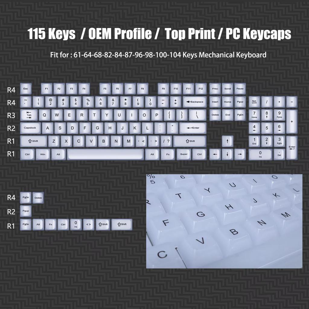 Foggy Transparent Crystal PC Keycaps OEM Profile Creamy White Side Print RGB Backlit Keycaps 115 Keys for MX Switches Keyboard