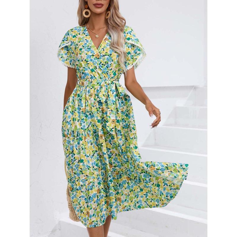 Summer Short Sleeve Floral Printed Women Dress New V Neck Fashion Elegant Loose Casual Party A-line Dresses Female Lace-up Women's Clothing