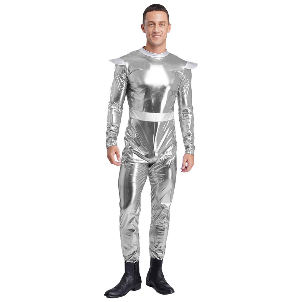 One-Piece Outer Space Costume for Men M-3XL: Easy Wear Long Sleeve Jumpsuit, Combines Cute & Robotic Styles for Photos