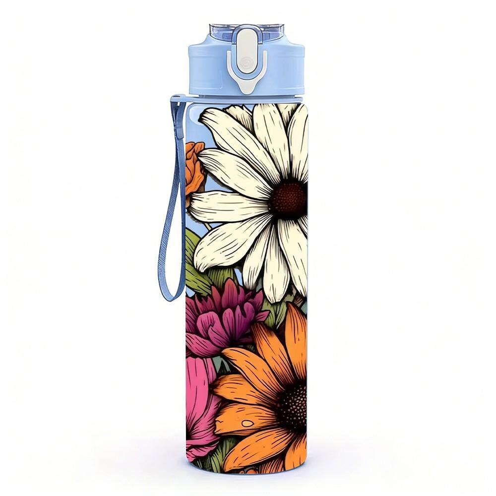 1PC Mixed Daisy Sunflower Bouquet Print 750ml Color Plastic Sports Water Bottle Leakproof Flip Straw Lid Suitable for Sports Office Home Use