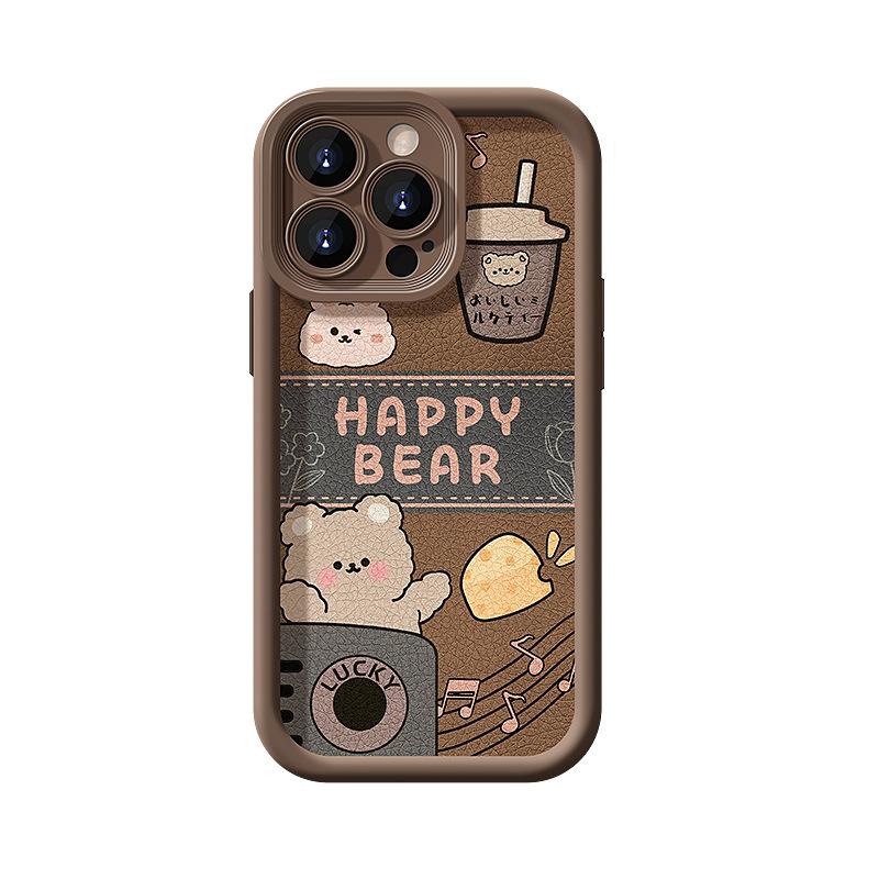 Milk Tea Bear Lanyard Is Suitable for Apple 11PROMAX Lambskin Mobile Phone Case 11 All-inclusive Anti-drop 11 Advanced Retro.