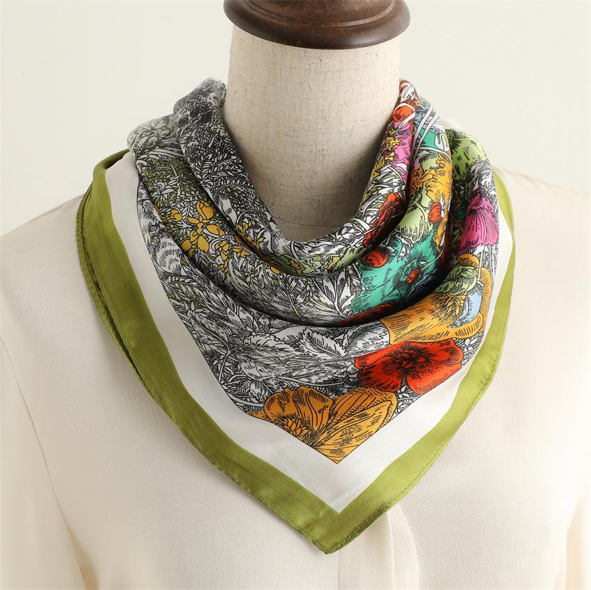 New Colored Flower Silk Scarf Sunscreen Shawl Sweet and Fresh Scarf Imitation Silk 71cm Square Scarf Professional Scarf Women