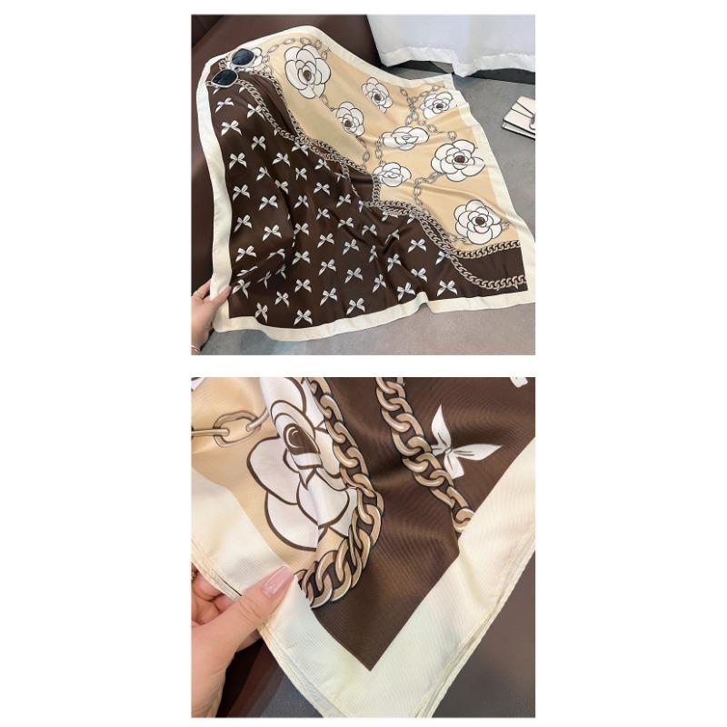 Korean Fashion Vintage Elegant Camellia Printed Square Scarf For Women