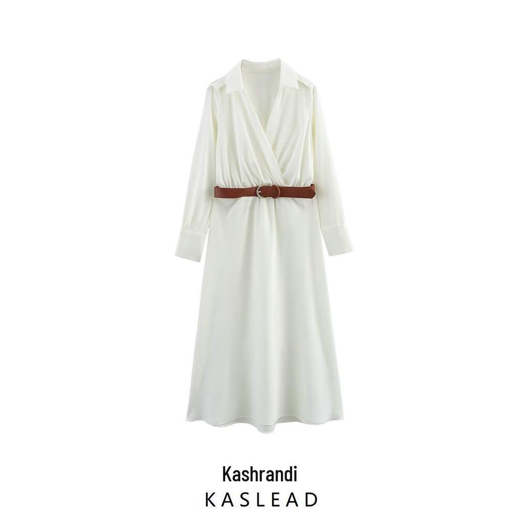 2025 Spring Women's European & American Style Belted Silk Satin Dress