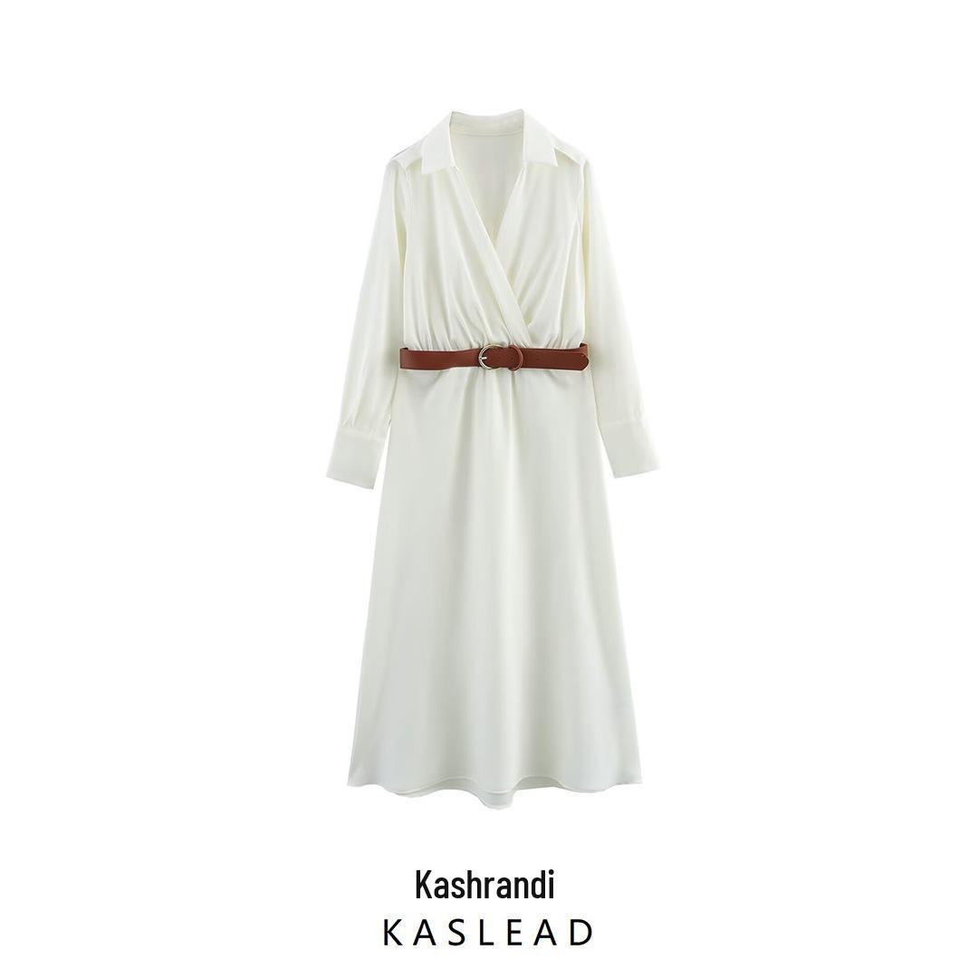 

2025 Spring Women s European & American Style Belted Silk Satin Dress Small білий