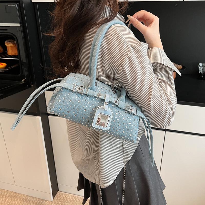 2025 Spring and Summer New Women's Bag Fashion Rivet Handbag Large Capacity Shoulder Crossbody Versatile Denim Tote Bag