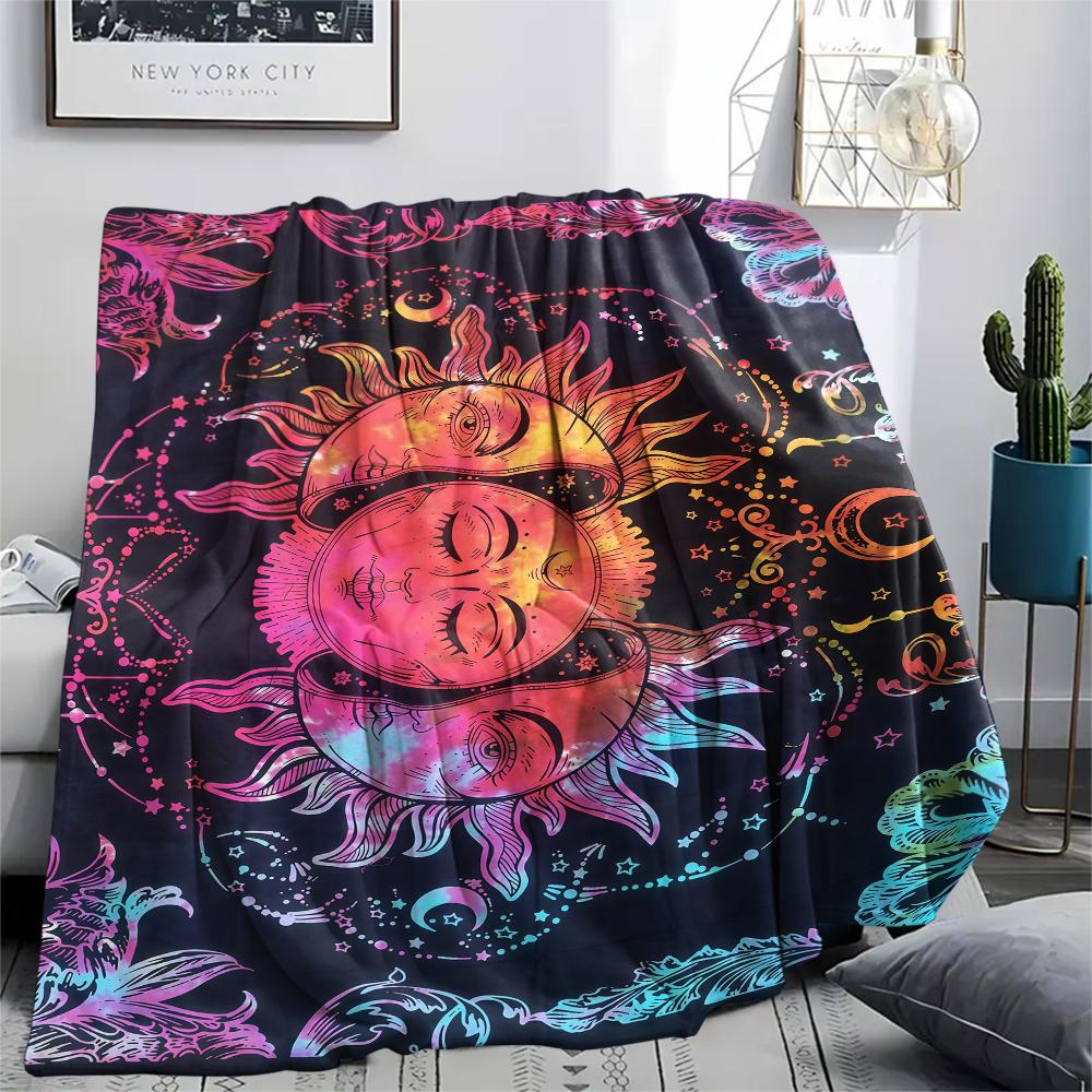 1PC Sun and Moon Print Flannel Blanket, High quality All Seasons, Home Decor, Warmth and Comfort, Perfect for Christmas Gifts