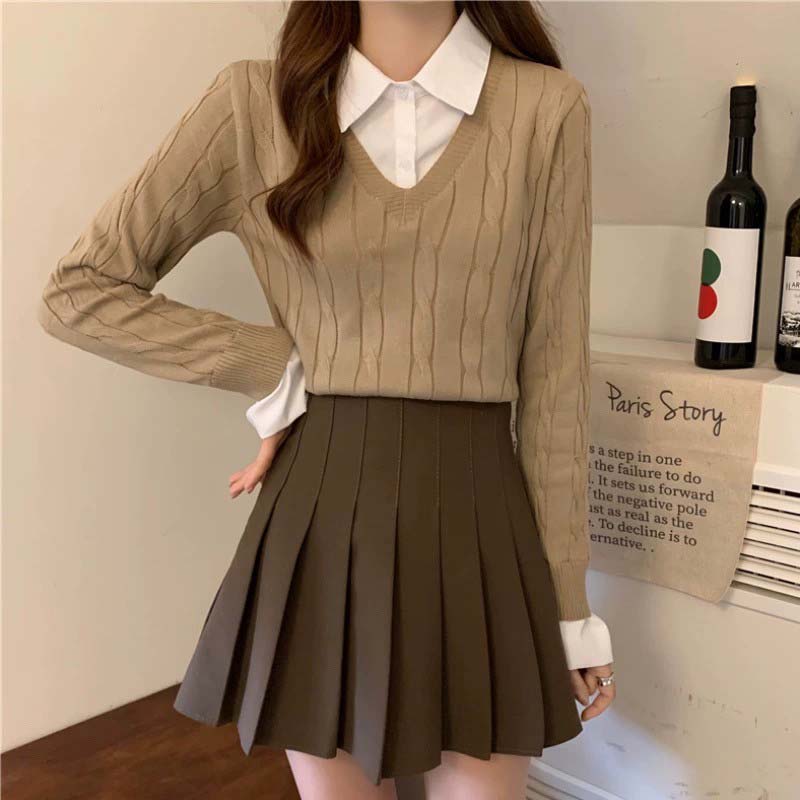 Women's Knitted Sweater Autumn Winter Shirt Collar Sweater Long Sleeved Top Fashion Clothing