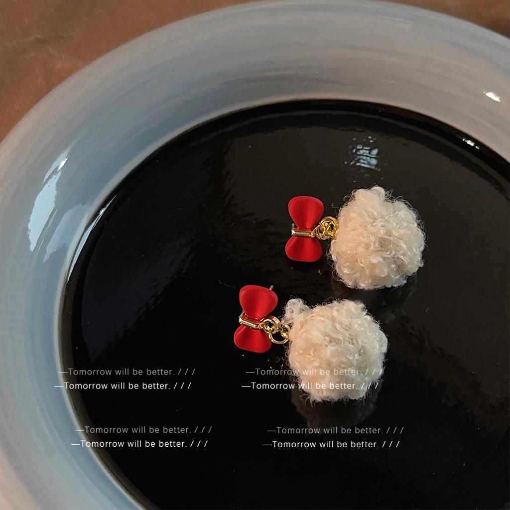 

Women s Retro Christmas Red Pom-Pom Bow Earrings