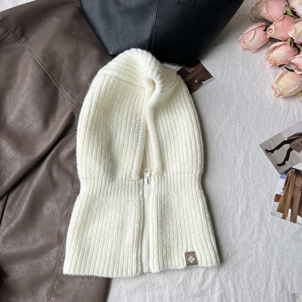 Thickened Wool Knit Hood Hat with Zipper Neck Warmer Pullover Snood Snow Beanie Cap  Winter Outdoor