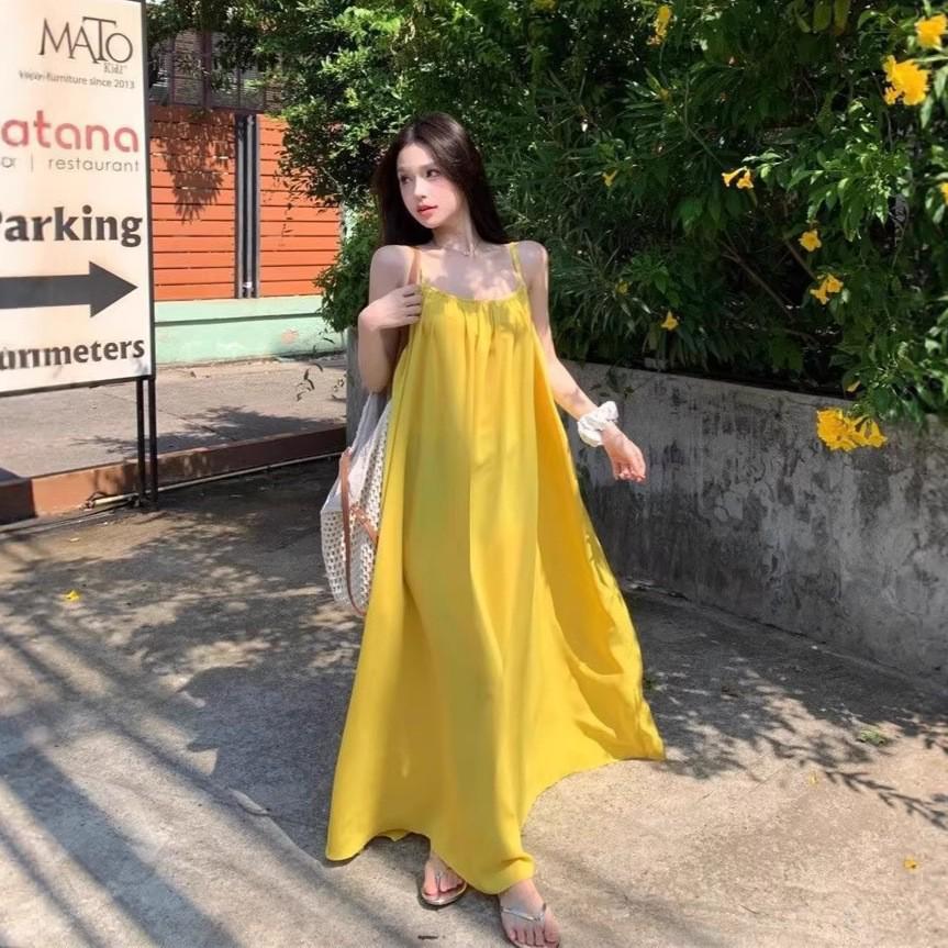 

Seaside Resort Backless Spaghetti Strap Dress: Women s Summer A-line Skirt in Gentle Yellow M жёлтый