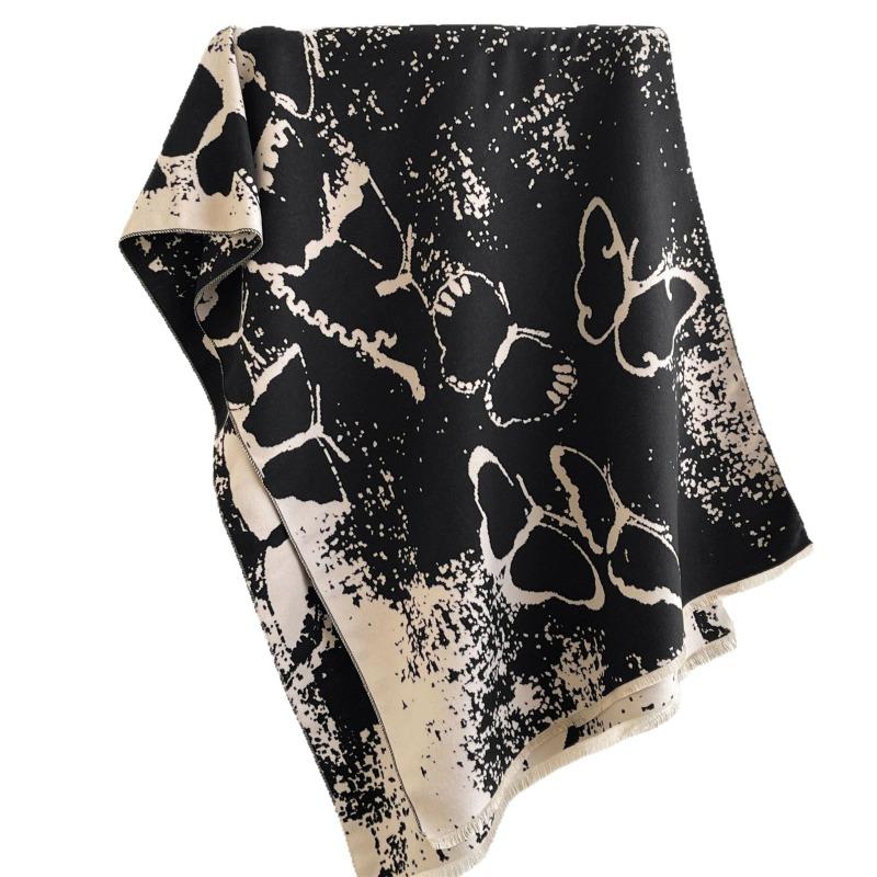 Autumn and Winter Chinese Ink Butterfly Scarf Women's Fashion Warm Imitation Cashmere Dual-purpose Shawl Temperament Versatile Scarf