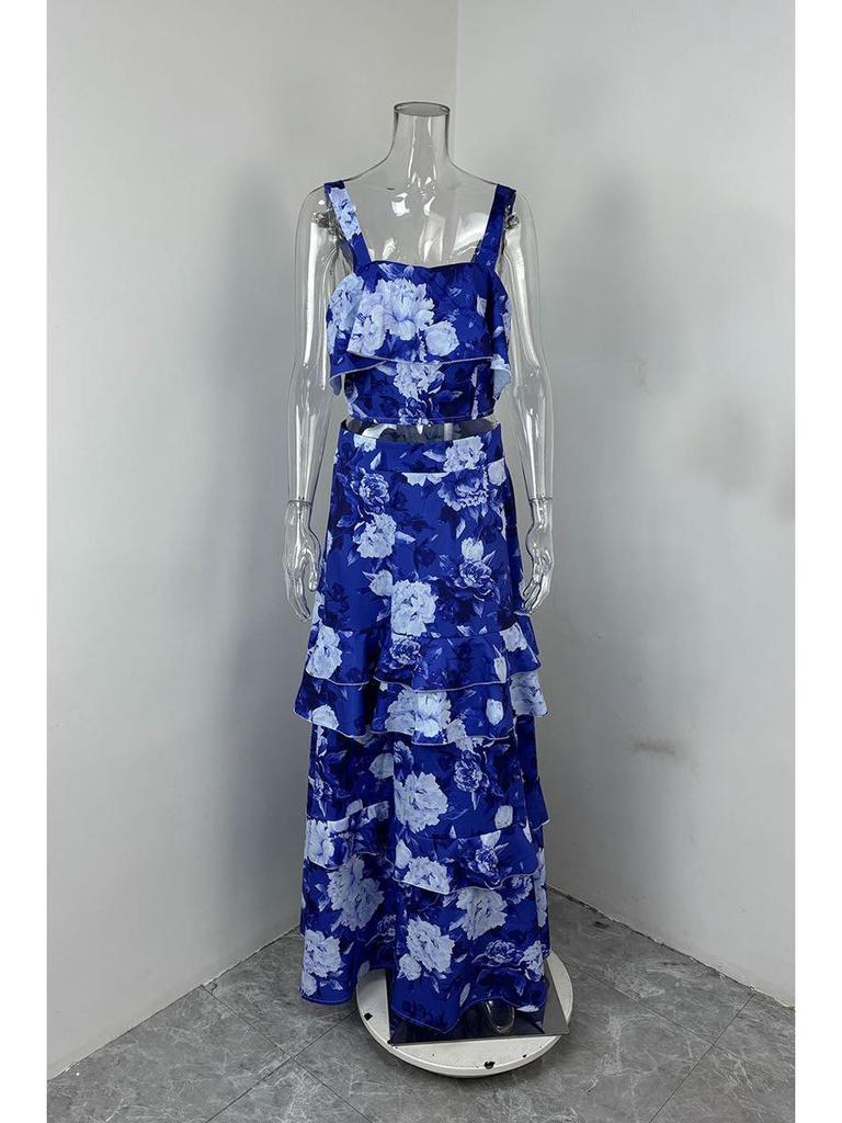 European & American Women's Resort Style Two-Piece Set: Printed Camisole Top with Layered Long Skirt. Perfect for Beachside Holidays.