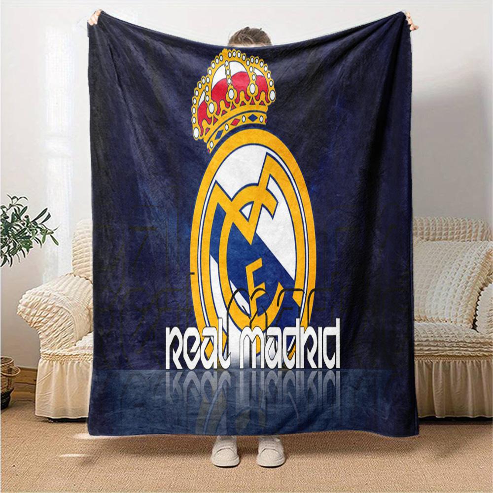 FC Madrid Emblem Flanelldecke, Weiches Polyester, Modernes Design, Ganzjahres für Camping, Reisen, Geschenke für Feiertage oder Geburtstage