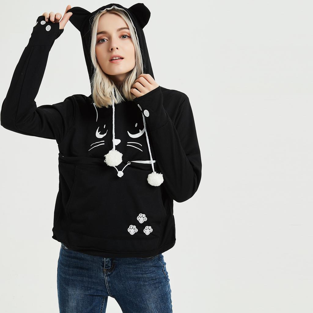 Women's Fashion Casual Top Solid Color Long Sleeve Pet Pocket Hoodie Sweatshirt