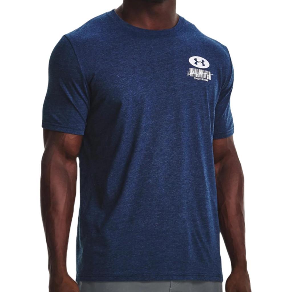 Under Armour Dopamine Round Neck Fitted Sports T-Shirt With Letter Logo Barcode Print Men Tops Blue 1370527-408