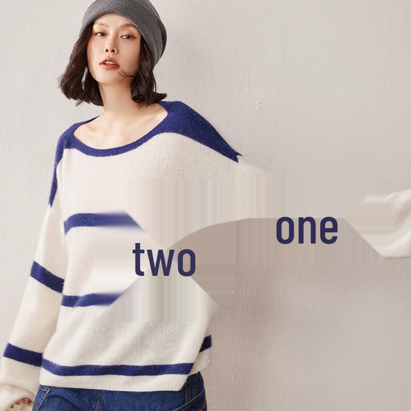 Women's One-Shoulder Cashmere Stripe Sweater - Loose Fit Long Sleeve Knit, Base Layer for Autumn/Winter.