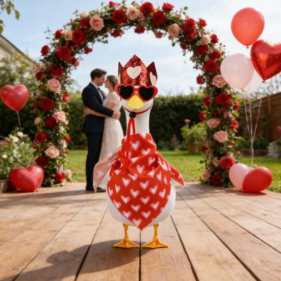 Valentine's Day Porch Goose Outfit Yard Goose Costume Lawn Goose Accessories Includes Red Heart Bib Hat Glasses for 23" Cement or Plastic Goose Statue