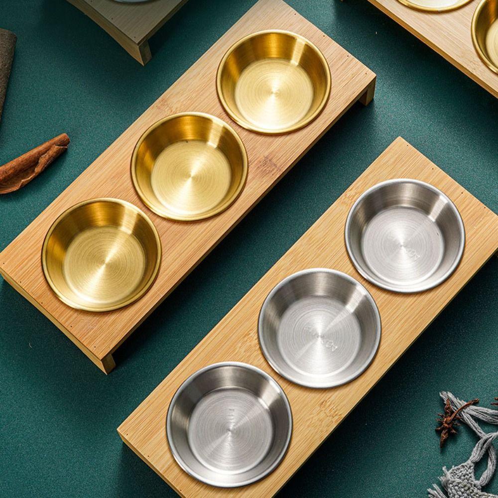 Stainless Steel Dipping Bowl Bamboo Holder Seasoning Tray Tableware Seasoning Dish  Restaurant