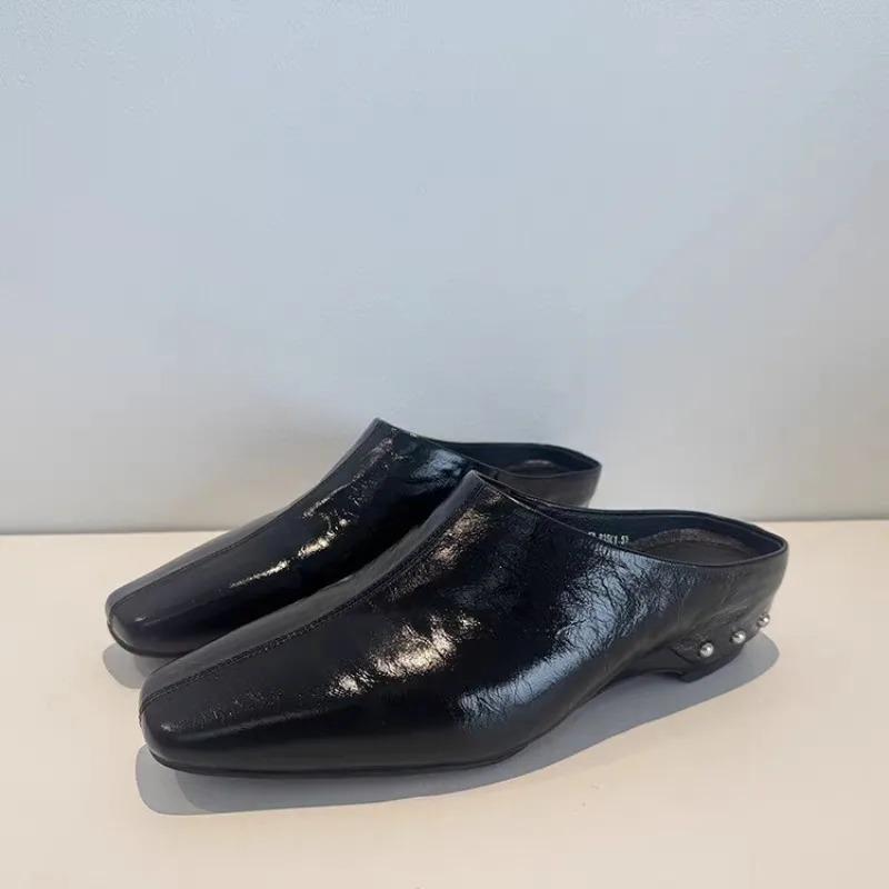 

Rivet Block Heel Slippers Women 2026 Spring Square Toe Deep Mouth Versatile Baotou Half Slippers 40 чорний