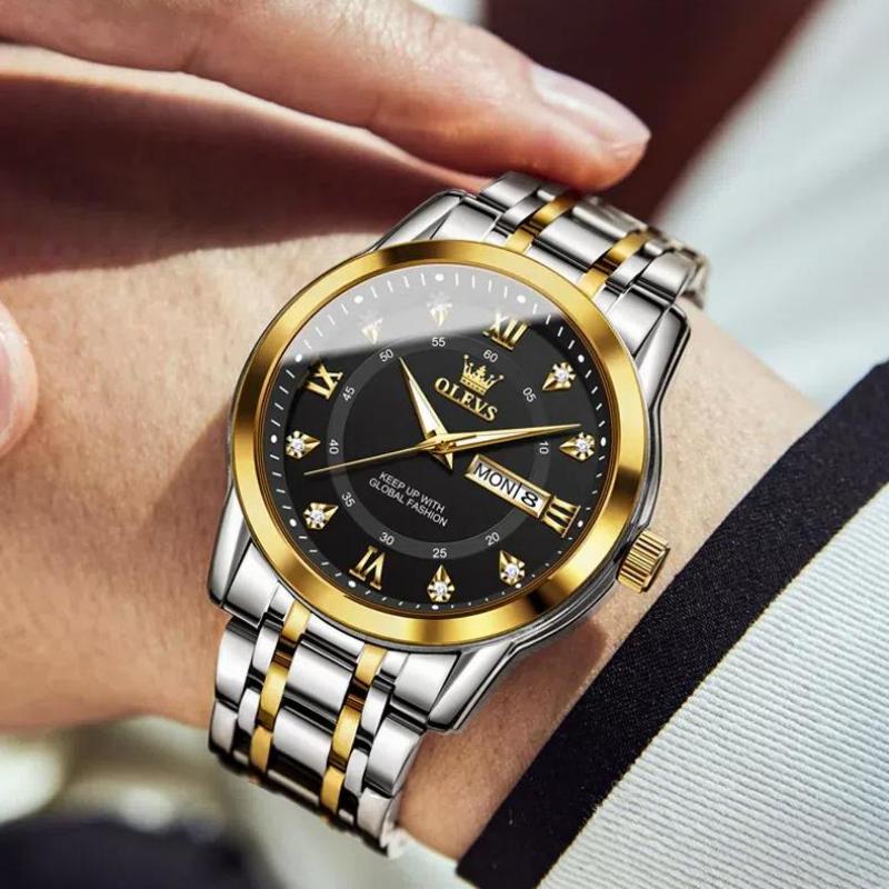 OLEVS Quarzuhr für Herren, Luxus-Diamanten, Golduhr, wasserdicht, leuchtend, Edelstahl, Business-Herren-Quarzuhren
