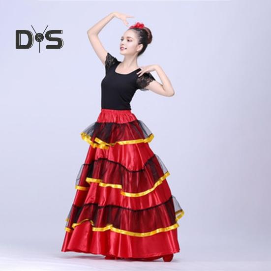 Dámská maxi sukně Elastické prošívání v pase Vrstvená dortová sukně Barva-Blocked Červená Černá 360° oversized sukně Stage Performance Wear