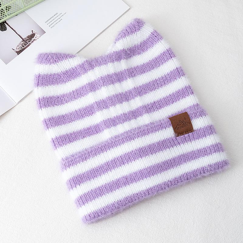 

Новый стиль Милая шапка Шапка-бини с кошачьими ушками Зимние шапки для женщин Y2K Все полоски Модная уличная теплая шапка Бини Теплая шапка для девочки 54cm-58cm фиолетовый