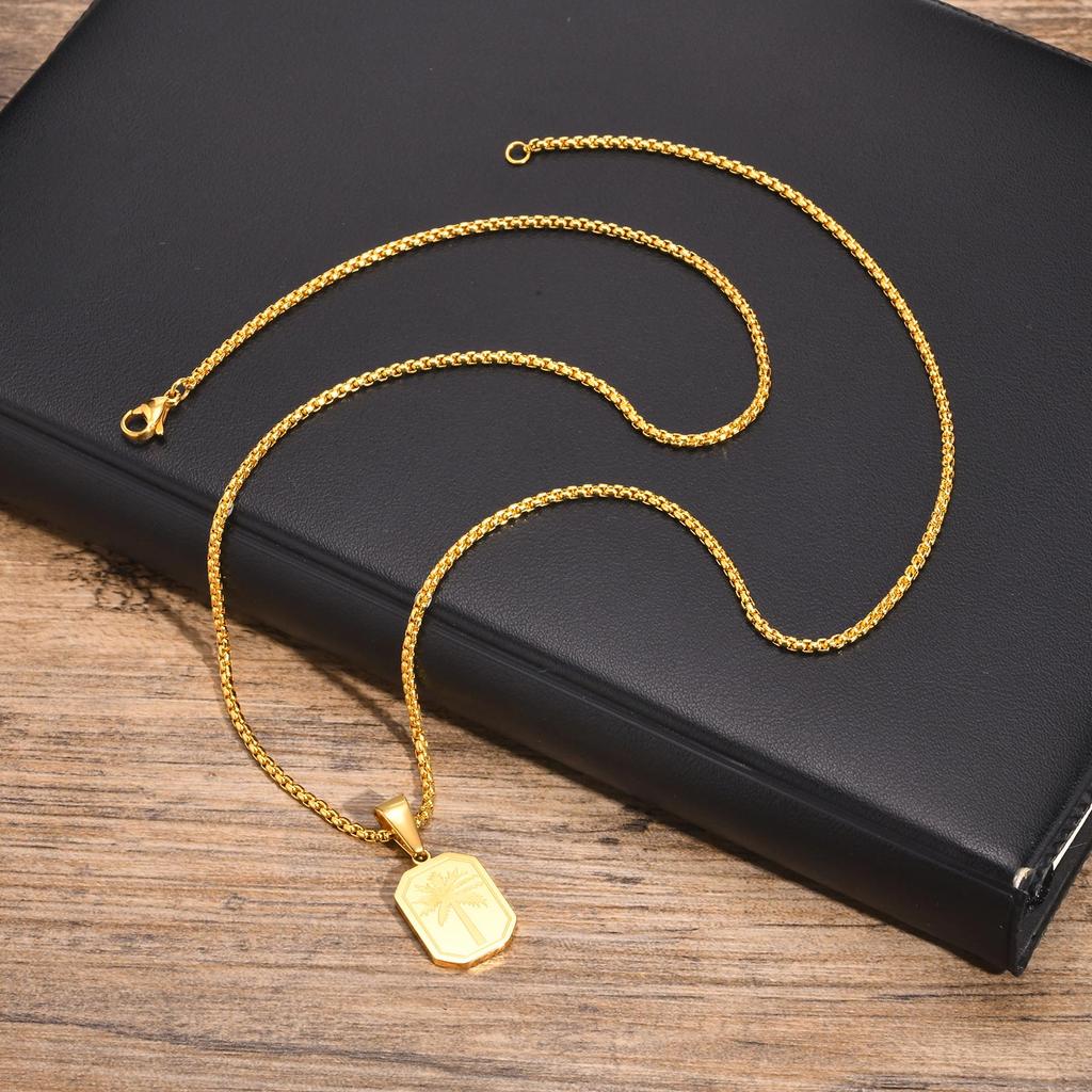 Hawaiian Tree Necklaces for Men,Stainless Steel Palm Trees Square Pendant Necklaces.Chic Stylish Jewelry Gift