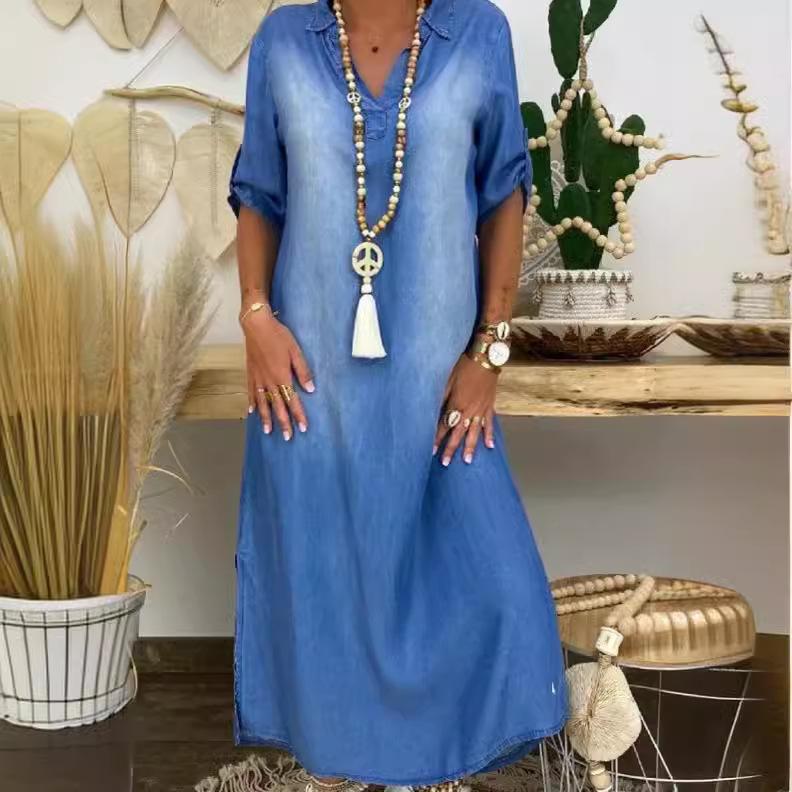 Dameslos Denim Maxi Jurk Grote Maten Omgeslagen Kraag Halve Mouw Casual Lange Jurk