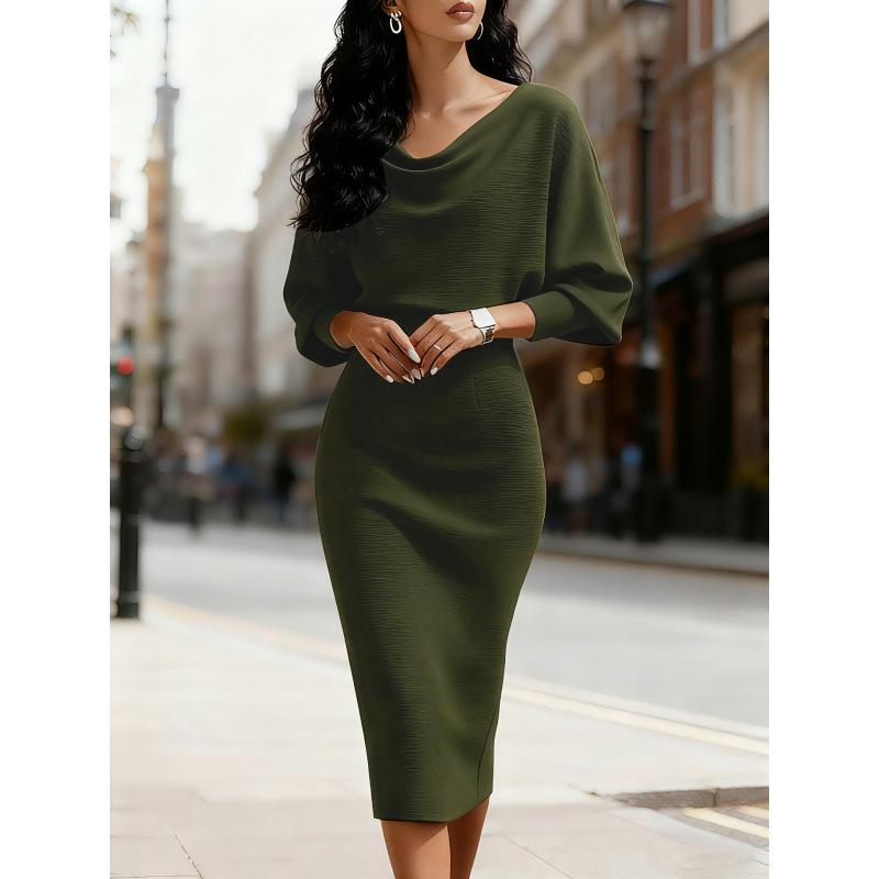 2025 European & American Autumn/Winter Batwing Long Sleeve Waist-Cinching Slim Dress