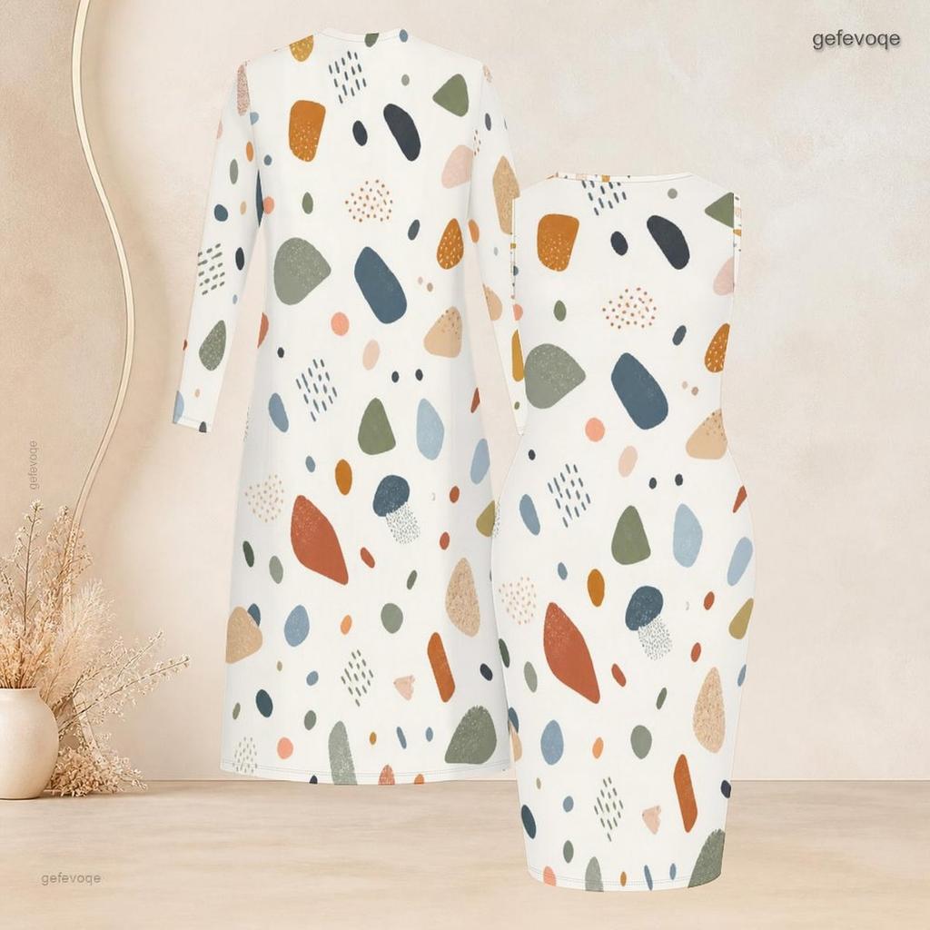 Women Plus Size Two Piece Set Long Sleeve Open Front Cardigan Round Neck Sleeveless Bodycon Dress Geometric Printed Pink Black White