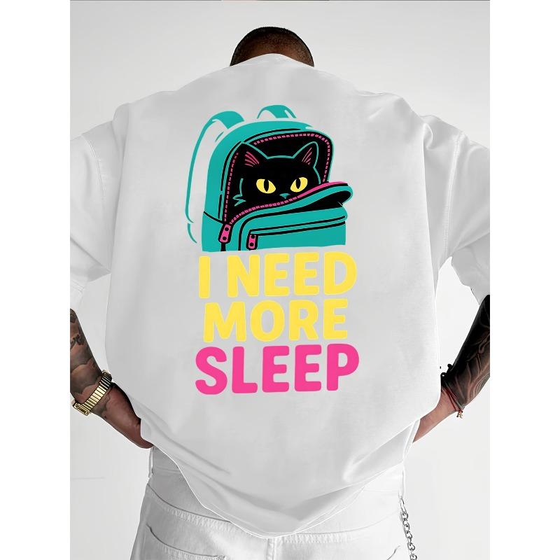 

European Size Backpack Sleeping Cat Back Print T-Shirt, Fashion Quick-Dry Men Women Casual Round Neck Short Sleeve Tee, Retro Trendy Design S белый