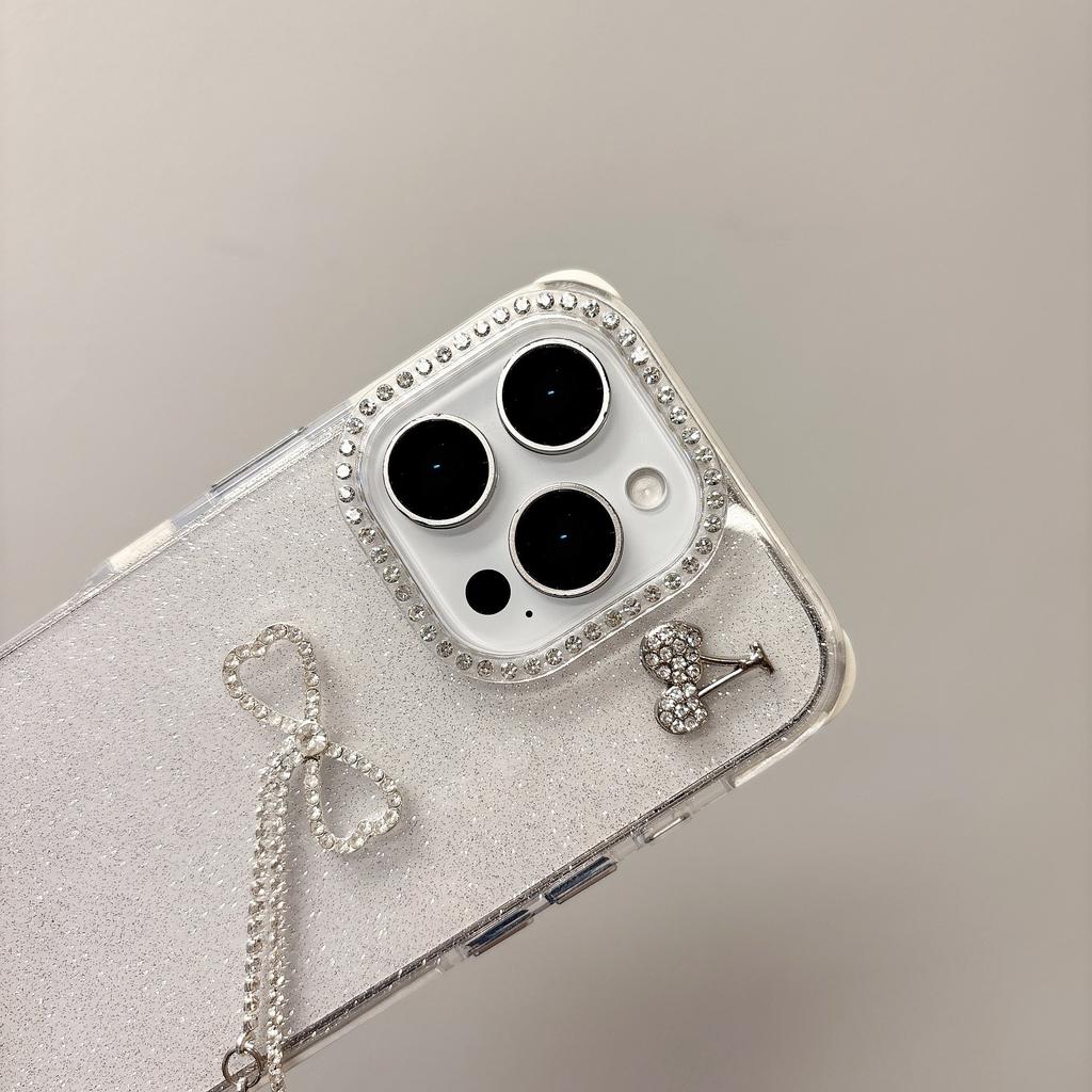 For iPhone 16 Pro Max Case Rhinestone Decor Glitter TPU Phone Cover with Bow Tassel