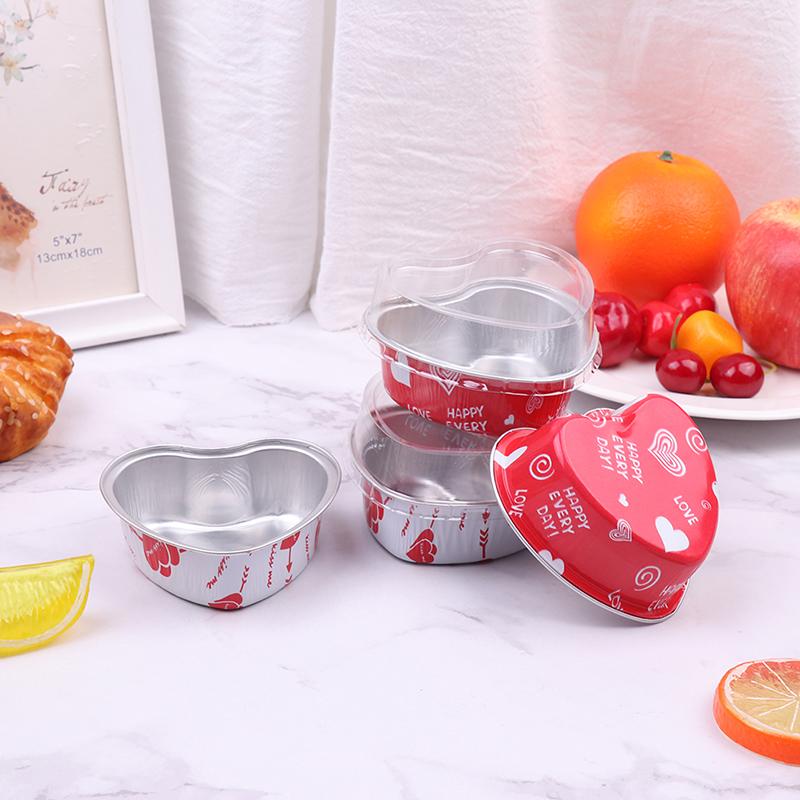 10Pcs/Set 100Ml Heart Shaped Aluminum Foil Cake Cup With Lids Baking Pans