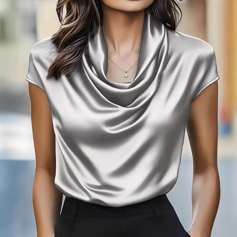 Spring Autumn Women's Satin Cowl Neck Blouse Short Sleeve Elegant Casual Work Top