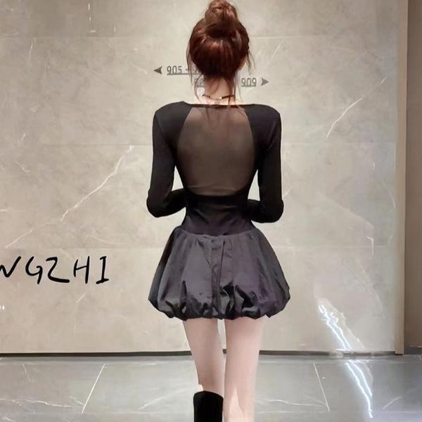 

Black Sexy Huge Skinny Dress Waist French Square Neck Back Mesh Bottom Bud Dress Women s Long Sleeve Short Skirt S чёрный