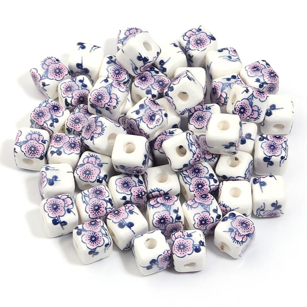 20pcs 8mm Flower Patterns Square Ceramic Beads Big Hole Porcelain Loose Beads For Jewelry Making DIY Bracelets Necklace Findings