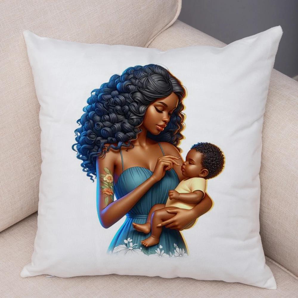 Africa Mom And Baby Pillow Case Decor Cartoon Beautiful Black Women Cushion Cover For Sofa Home Short Plush Pillowcase 45X45Cm