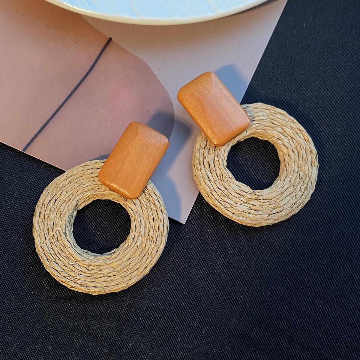 Bohemian Style Handmade Wooden Earrings with Rattan Weaving - Retro Seaside Resort-Inspired Unique Jewelry