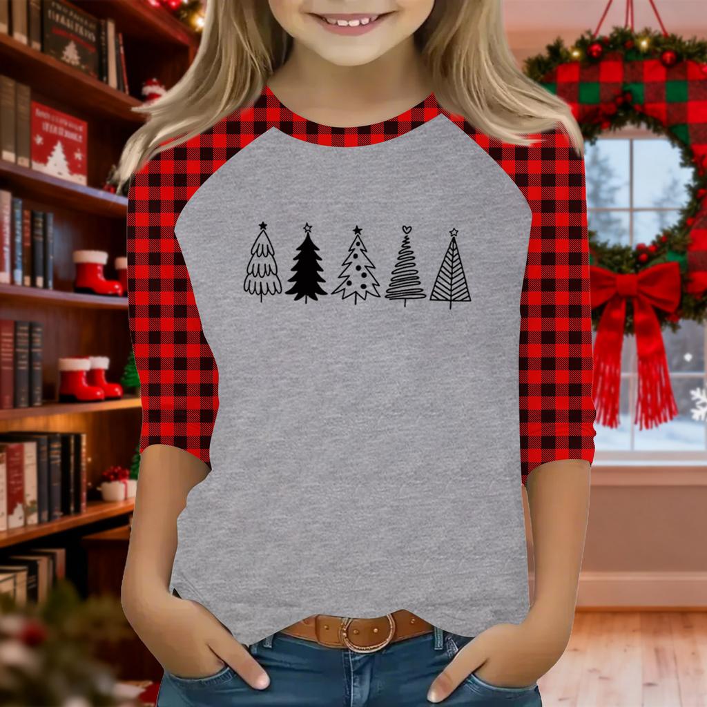 Tops For Youth Girls 4-16 Years Round Neck 3/4 Sleeves T-Shirts Trendy Tops Outfit Tees Christmas Day