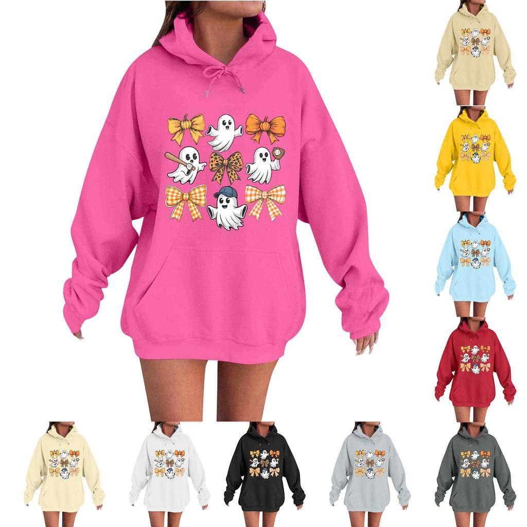 Women's Casual Fashion Comfortable Round Neck With Hood Long Sleeve Halloween Print Warm Sweatshirt