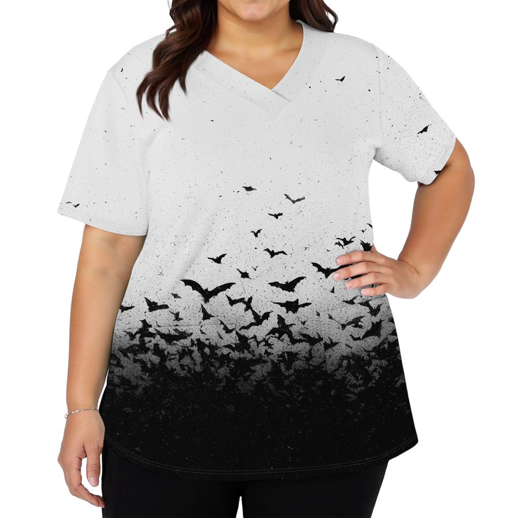 Women's V-Neck Short Sleeve Scrub Top with Pockets Halloween Print for Work