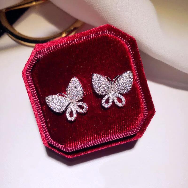 Elegant 925 Sterling Silver Butterfly Micro Inlaid Full CZ Zircon Crystal Stud Earrings for Women Pendientes Oorbellen Brincos