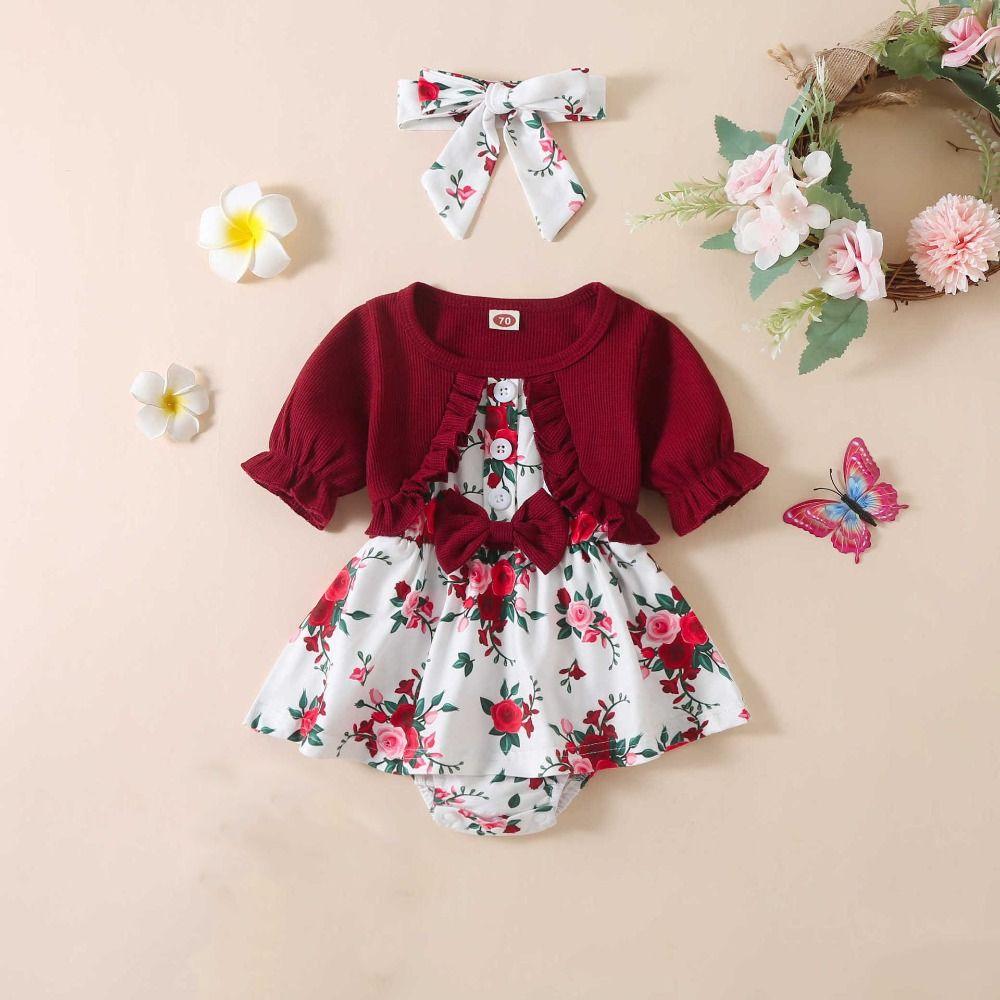 Flower Summer Baby Bodysuit Cotton False 2Piece Jumpsuit Dress Toddle Princess Dress  Birthday Gift