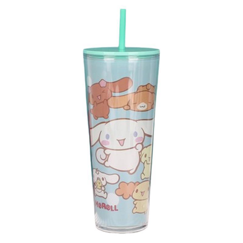 700ml Double Wall Plastic Tumbler With Straw Cartoon Design Adults - Yellow Green Pink Clear Purple Blue