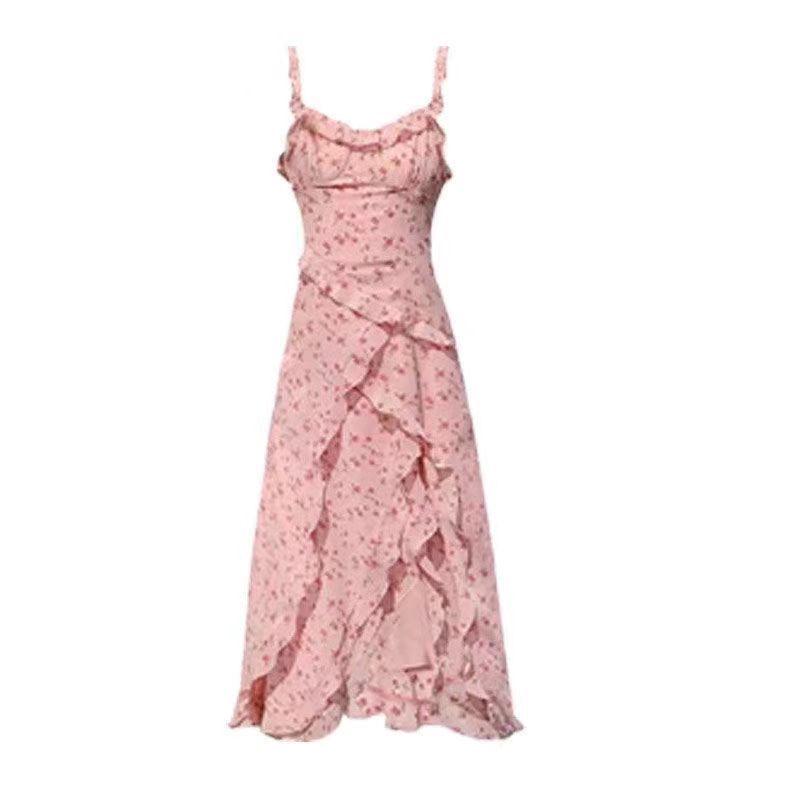 Women's Summer Floral Ruffle Spaghetti Strap Dress - Slimming Tea Dress with a Sweet, Age-Defying Design