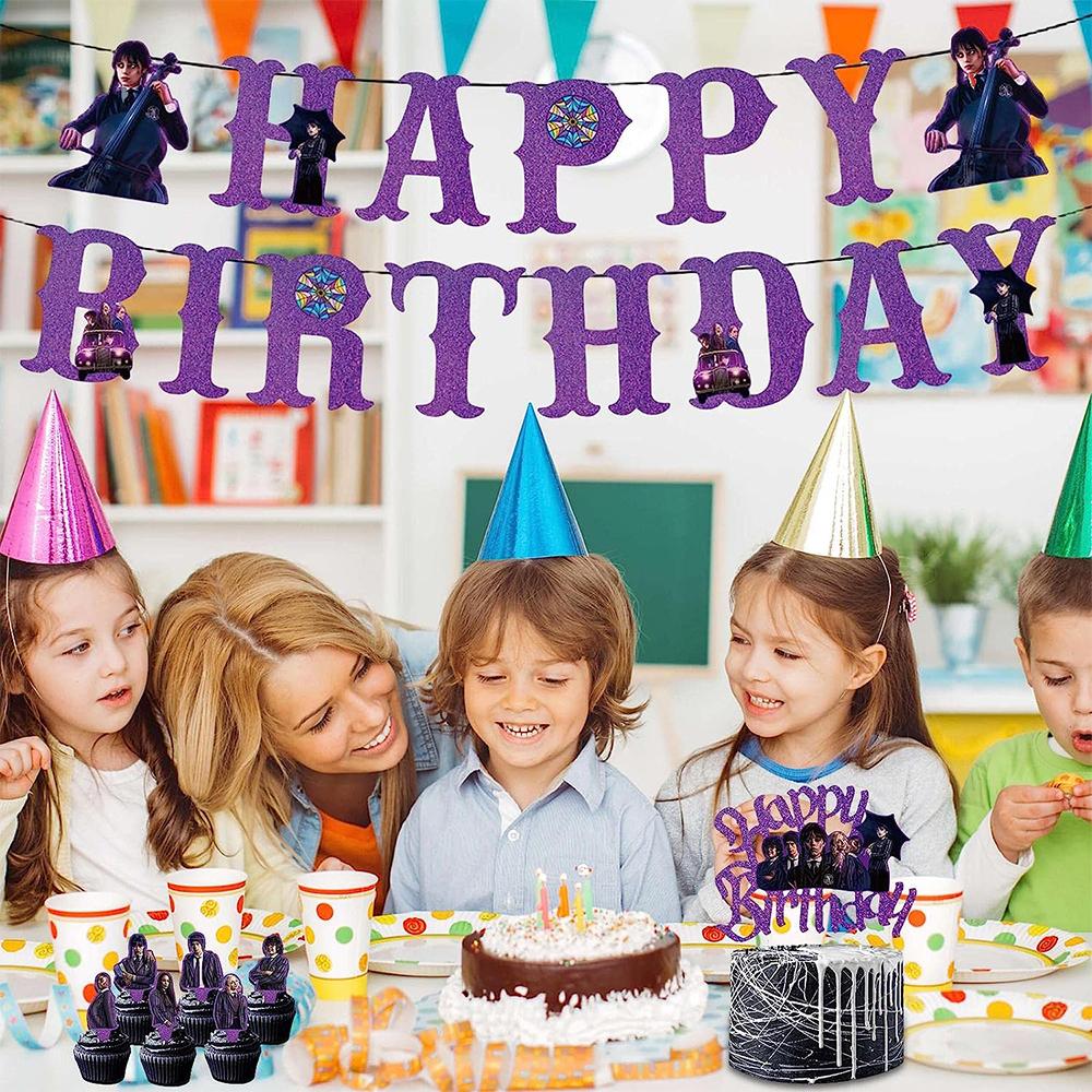 15pcs Wednesday Addams Party Supplies Including Banners and CakeToppers