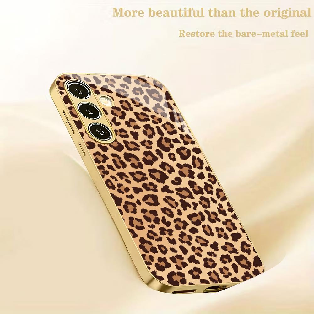 Leopard Print Metallic Paint Glass Phone Case Suitable for Samsung Galaxy S26 S25 S24 S22 S21 S20 FE/Ultra/Plus Anti Drop